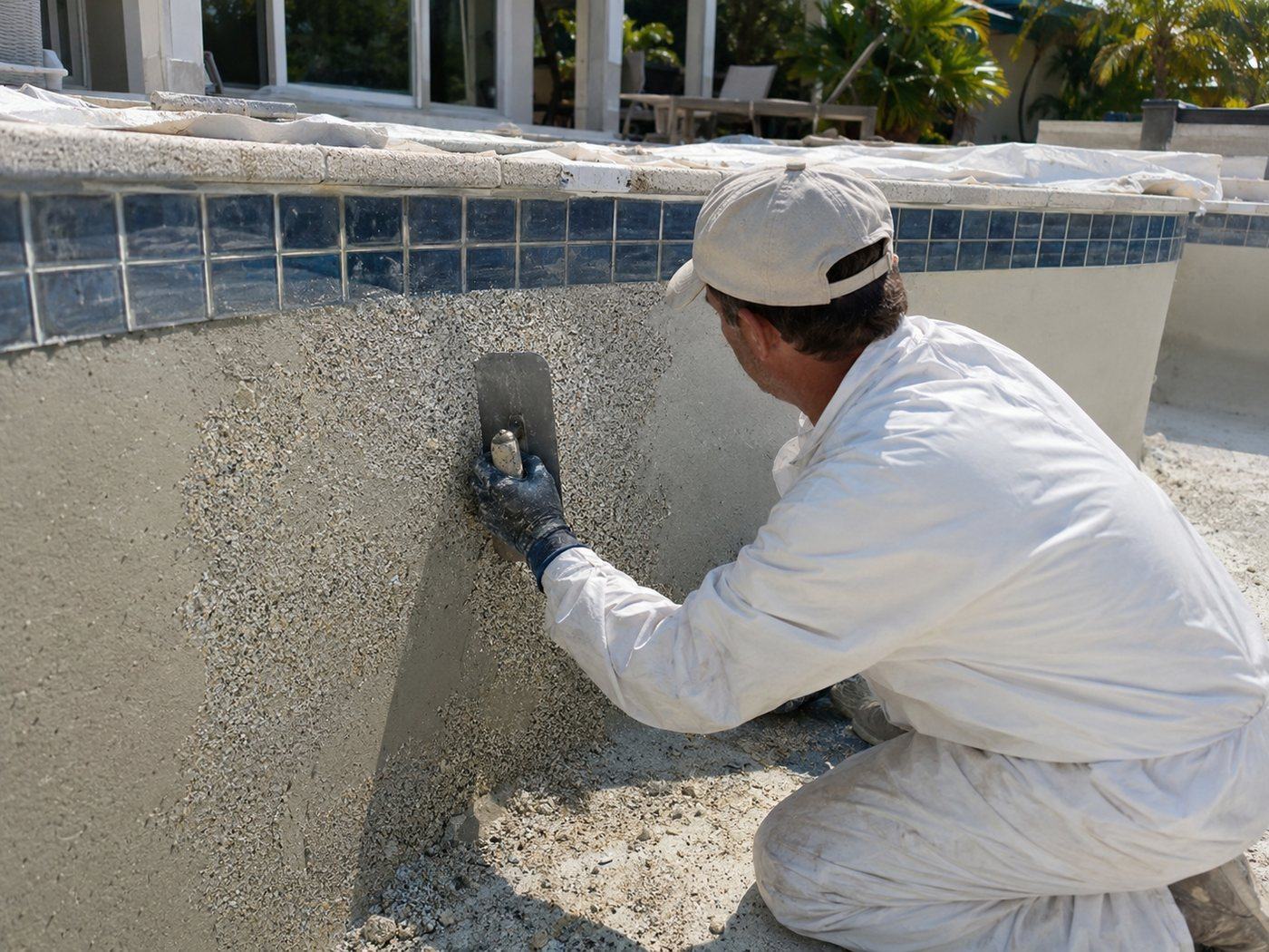 A pool resurfacing contractor applying fresh finish to a drained pool, illustrating the work behind resurfacing cost
