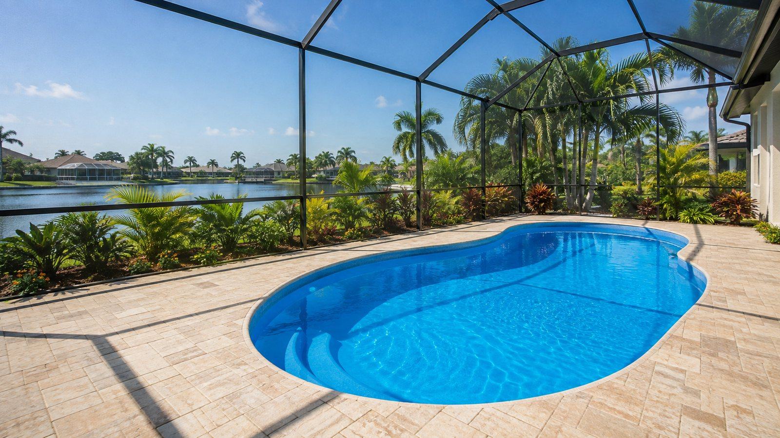 A residential in-ground fiberglass pool with a smooth glossy gelcoat surface in Cape Coral, Florida