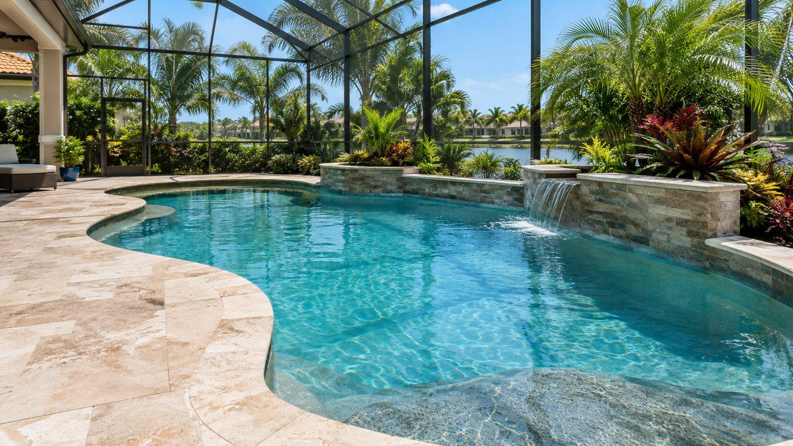 A residential pool in Cape Coral with a premium pebble finish and natural stone texture