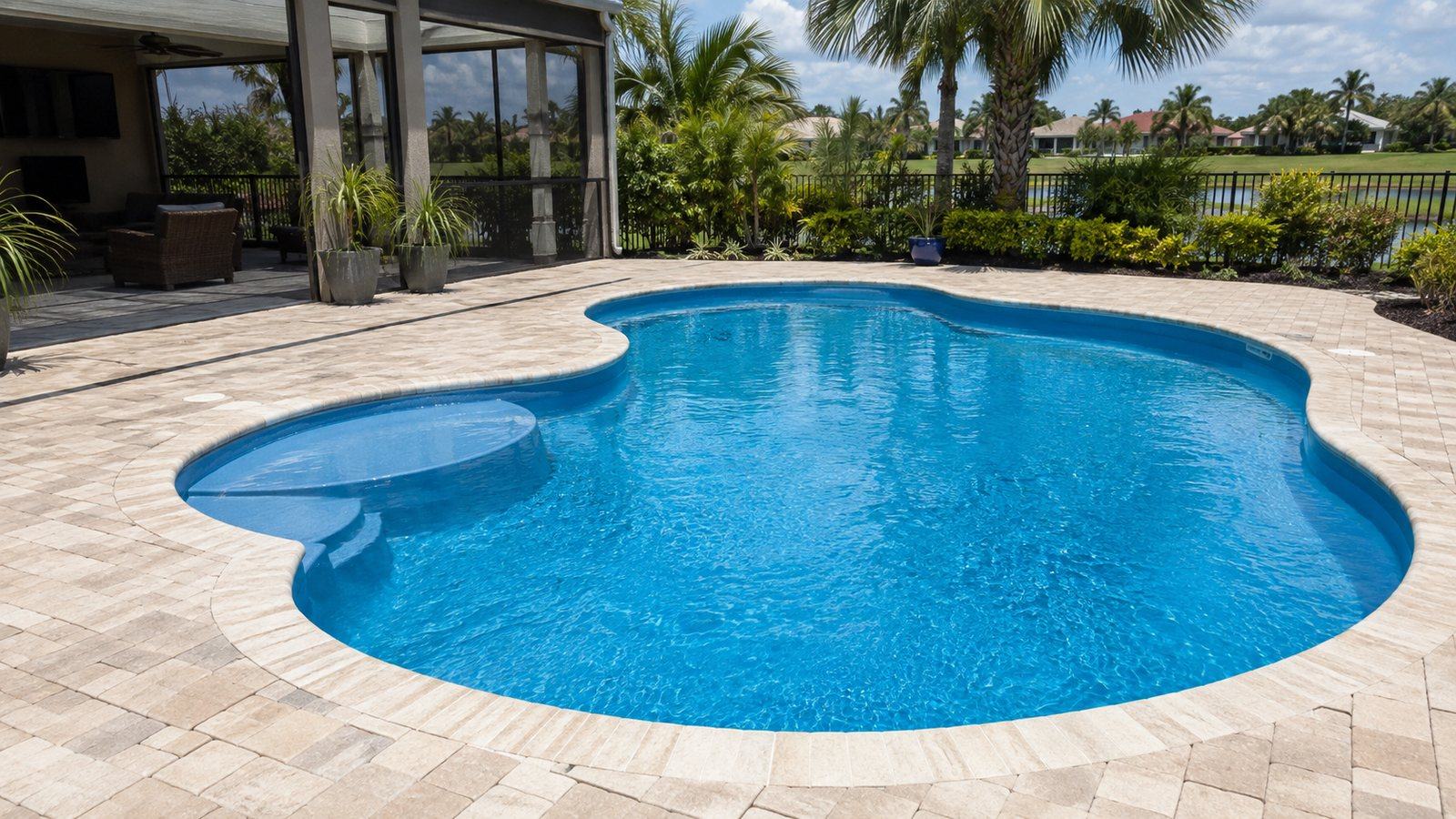 A residential pool in Cape Coral with a freshly resurfaced smooth white plaster finish