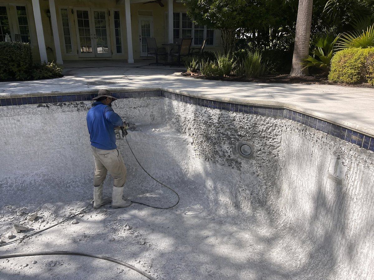 A drained residential pool during surface preparation for resurfacing