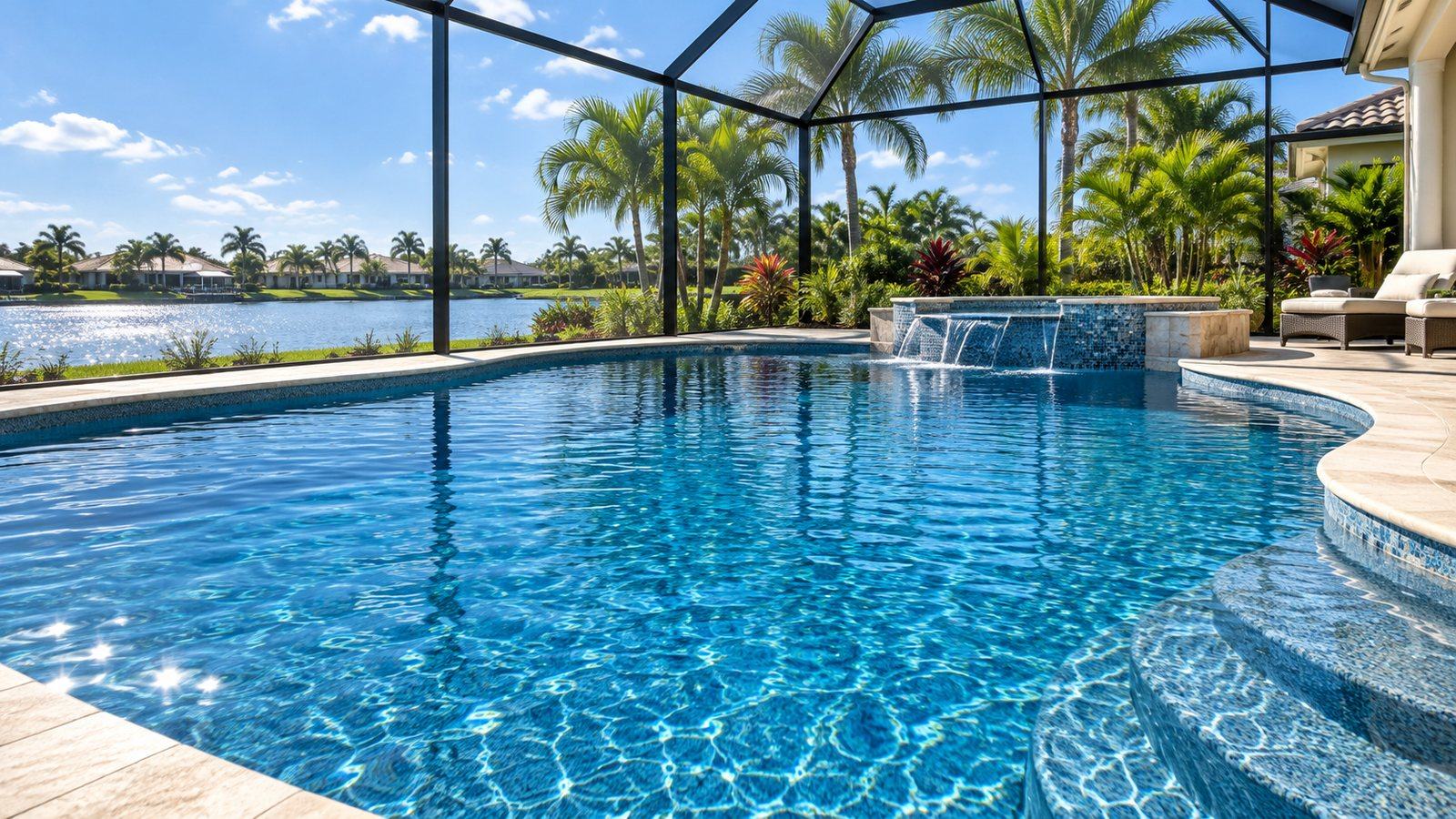 A residential pool in Cape Coral with a quartz aggregate finish and rich blue water