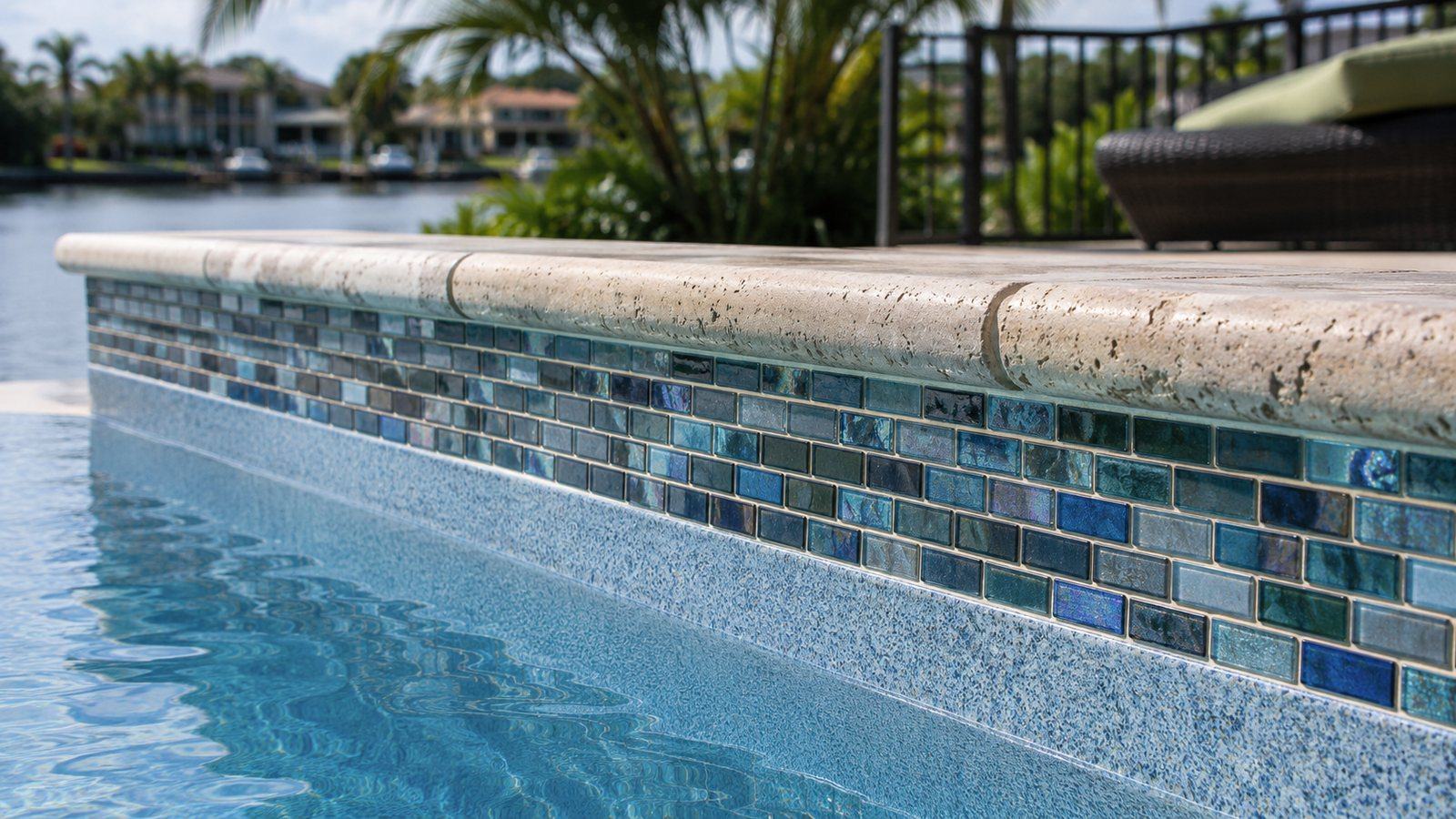 Close view of waterline pool tile and natural stone coping on a Cape Coral pool